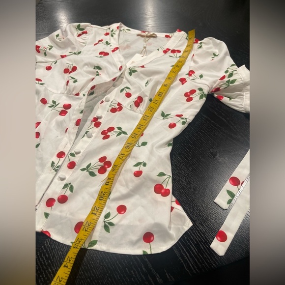 NWT BELLE POQUE retro cherries blouse top shirt with puff sleeves & bow accent S - Picture 5 of 7